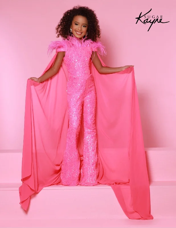 Sugar Kayne C346 Girls  Pageant Jumpsuit Bell Bottom Feathers Sequin Cape Fun Fashion Shimmer Sequin Evening Dress