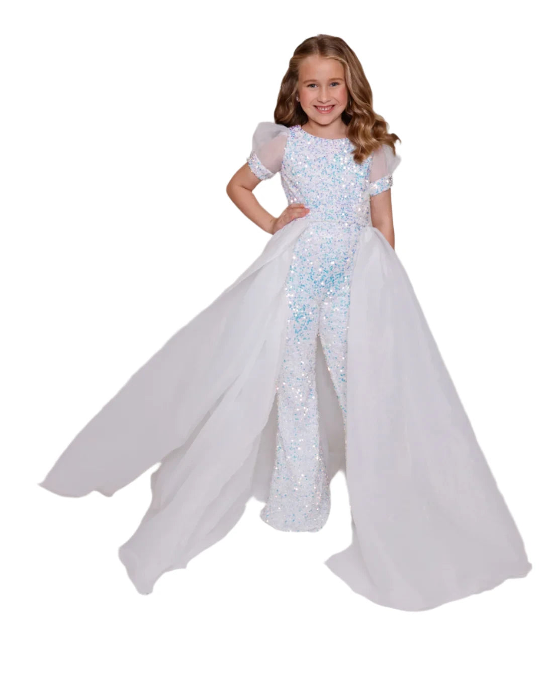 Ava Presley 38044 Girls Sequin Pageant Jumpsuit Overskirt Puff Sleeve bell bottom Formal Wear Elegant Glitter Sequin