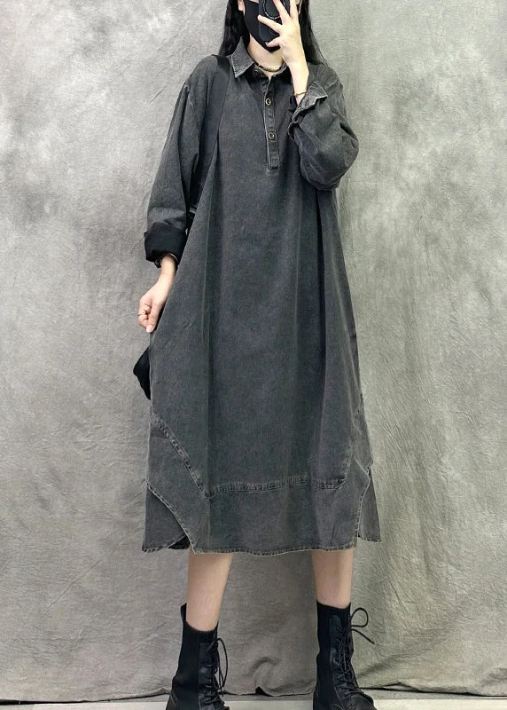 French Black Grey Peter Pan Collar Patchwork Denim Long Dresses Spring Mid-Length Denim Skirt