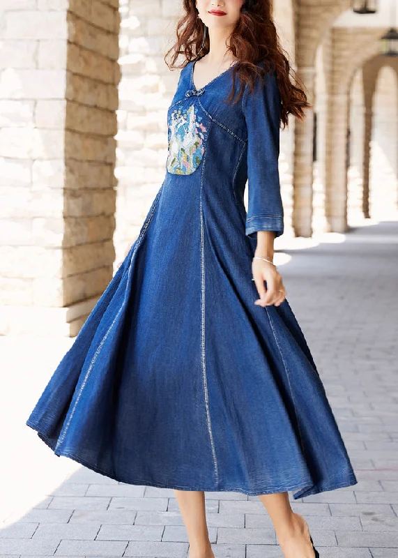 French Denim Blue V Neck Patchwork Pockets Maxi Dresses Spring Button Detail Denim