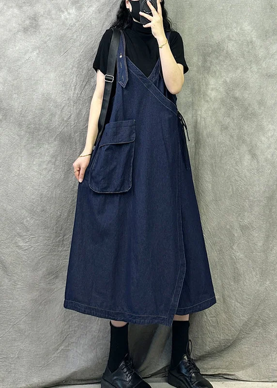 Original Design Navy Patchwork Denim Spaghetti Strap Dresses Spring Dark Denim Skirt