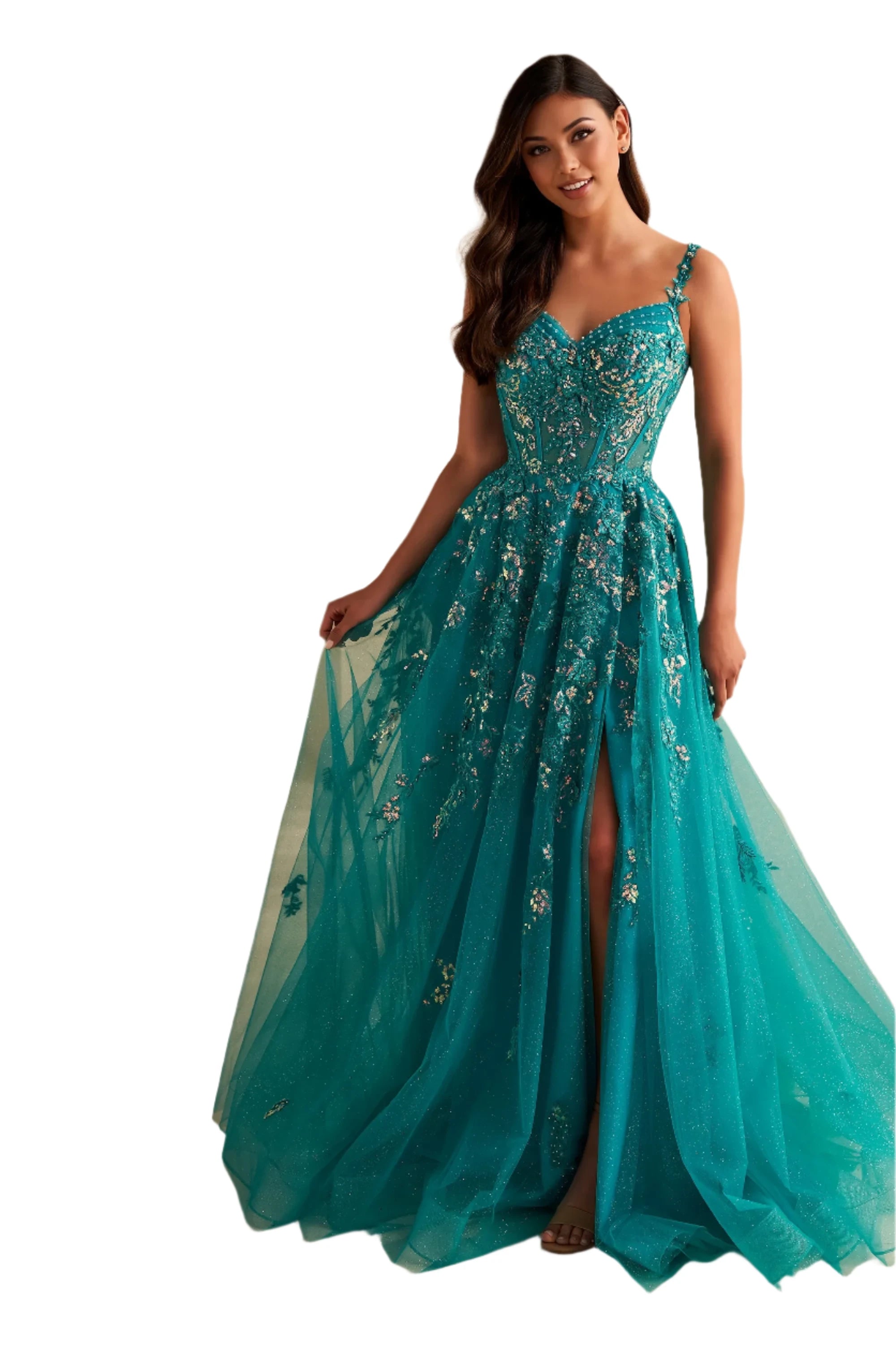 Ellie Wilde EW36204 Size 2 Jade Sequin Lace sheer Corset Slit Prom Dress Beaded off the shoulder Gown Party Sequin Dress