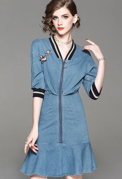 Denim Dress W/ Front Zipper Elegant Denim Skirt