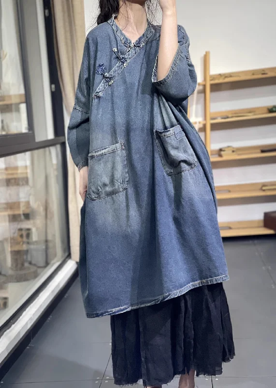 Women Blue Oversized Chinese Button Denim Long Dress Spring Colorful Denim Skirt