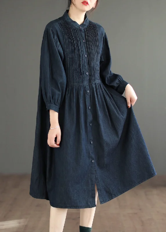 Navy Solid Button Denim Blouses Dresses O Neck Long Sleeve Casual High-waisted Denim