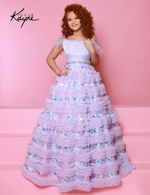 Sugar Kayne C342 Size 10 Lilac Long Girls Pageant Dress Feathers Ruffle Layer Sequin off the Shoulder Sequin Dress Outfit