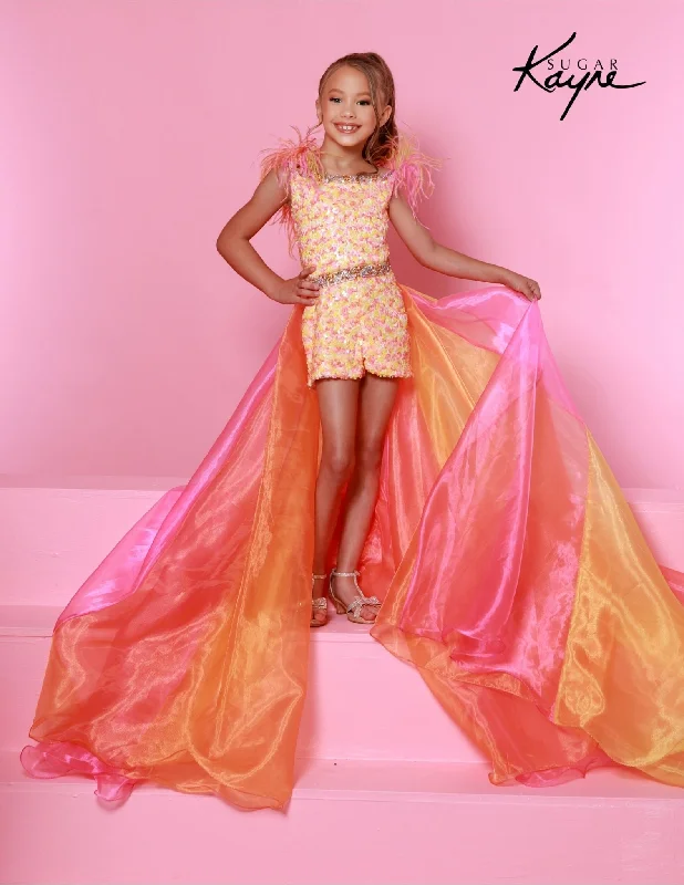 Sugar Kayne C349 Girls Sequin Pageant Romper Overskirt Feathers Fun Fashion Shimmer Lush Sequin Dress