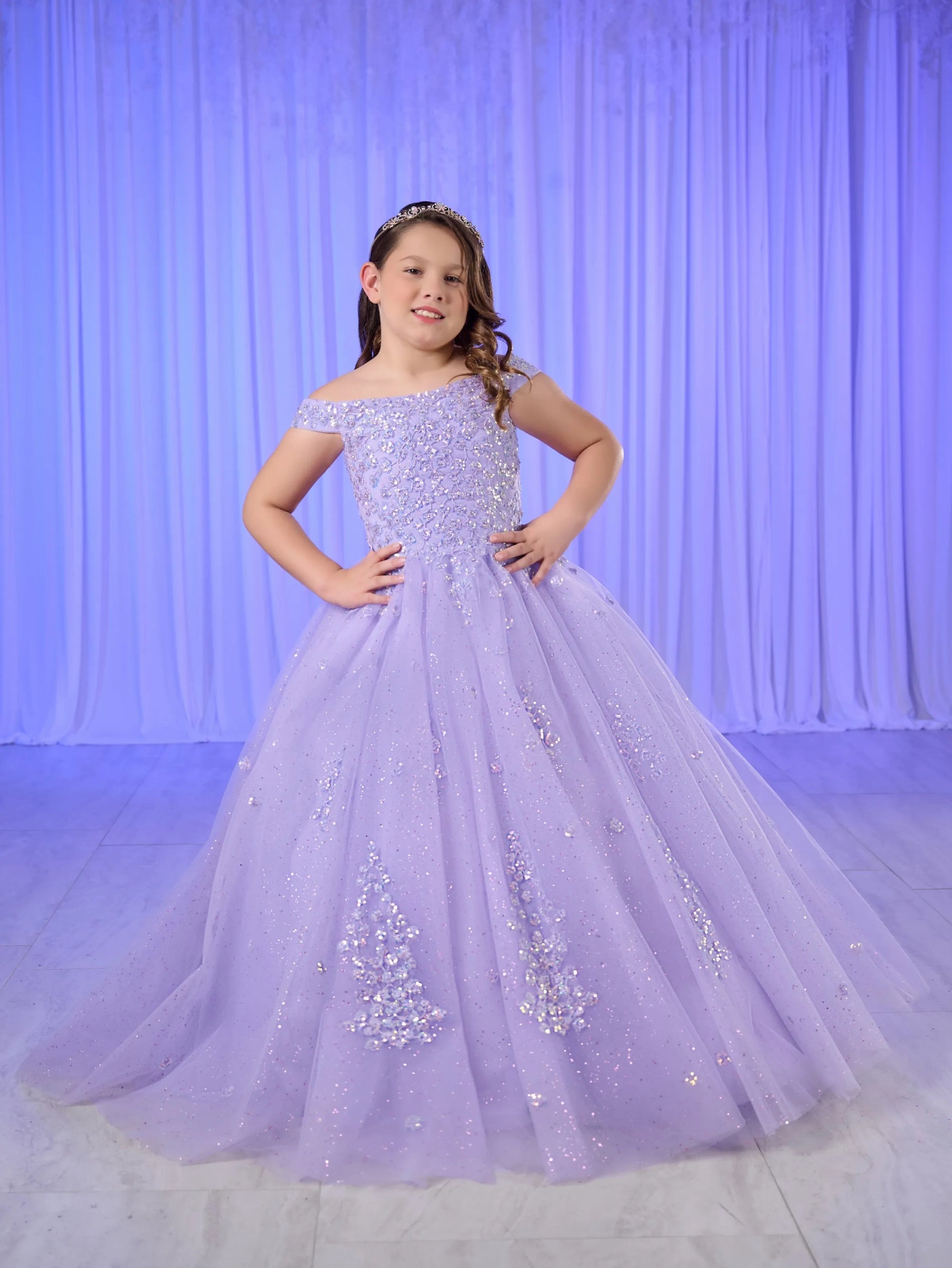 Tiffany Princess 13764 Girls Pageant Dress Off the shoulder Sequin Shimmer Ball Gown Ruched Sequin Dress