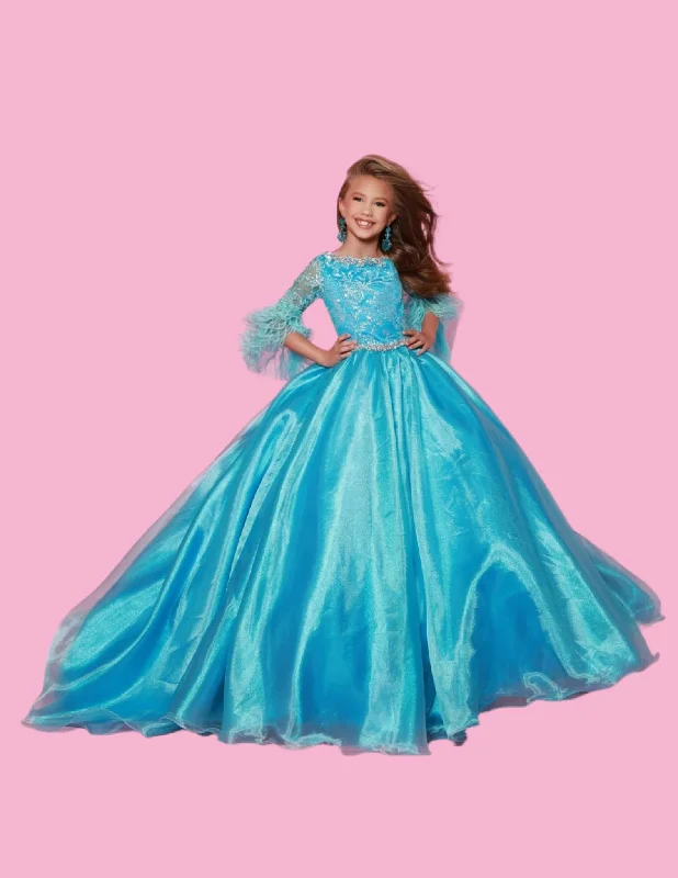 Sugar Kayne C338 Long Girls  Preteen Pageant Dress A-line Ballgown Sequin Feather Sleeves Silver Sequin Dress