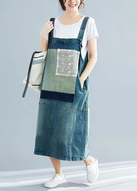 French denim blue cotton quilting dresses sleeveless cotton robes summer Dress Colorful Denim Skirt