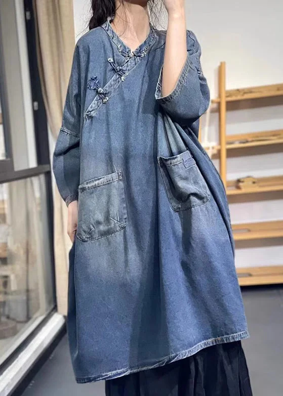 Loose Blue Stand Collar Chinese Button Pockets Denim Dress Spring Maxi Denim Skirt