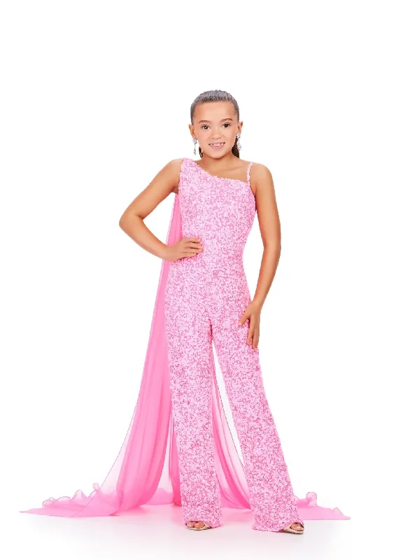 Ashley Lauren Kids 8191 Size 10 Candy Pink Girls Beaded Jumpsuit cape Sequin One Shoulder Pageant Wear Colorful Sequin Dress