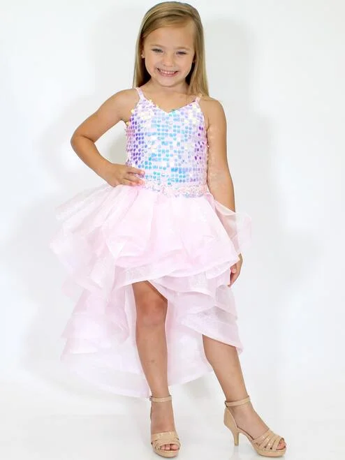 Marc Defang 5002 Pink High Low Sequin Girls Pageant Romper Layered Detachable Overskirt All-Over Sequin Dress