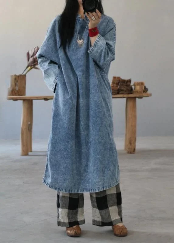 Beautiful cotton dress Fashion Retro Solid Color Frog Denim Blue Loose Dress Front Button Denim