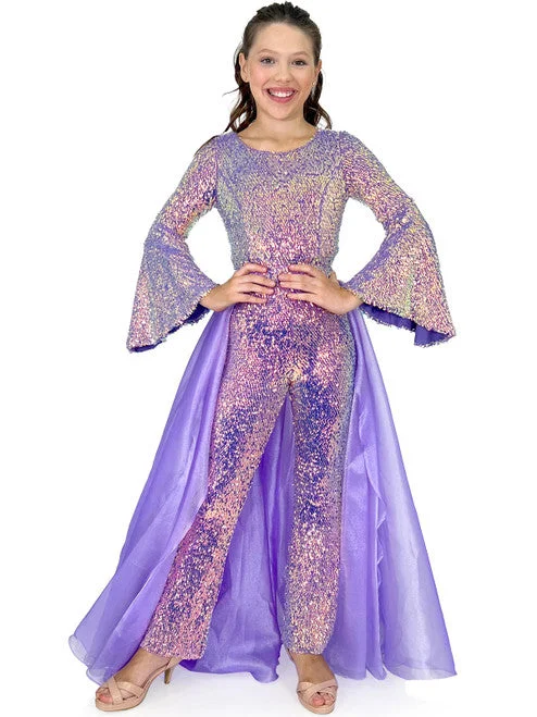 Marc Defang 8004k Girls Sequin Bell Sleeve Pageant Jumpsuit Overskirt Fun Fashion Lush Sequin Dress