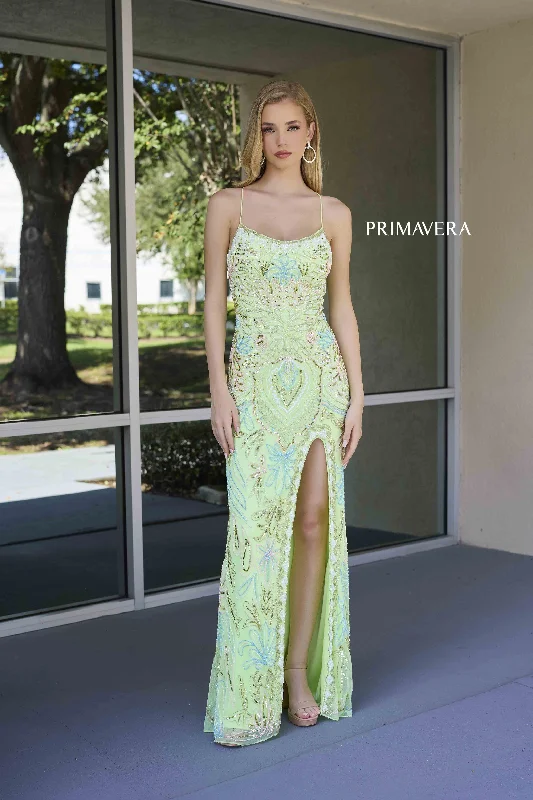 Primavera Couture 4156 Size 0 Apple Green Long Prom Dress Scoop Neck Fitted Sequin Lace Up Back High Slit Formal Pageant Gown Sequin Lace Dress