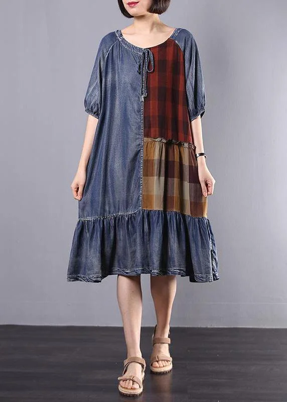 Women Cotton Tunics Indian Vintage Plaid Spliced Denim A-Line Dress Cute Denim Skirt