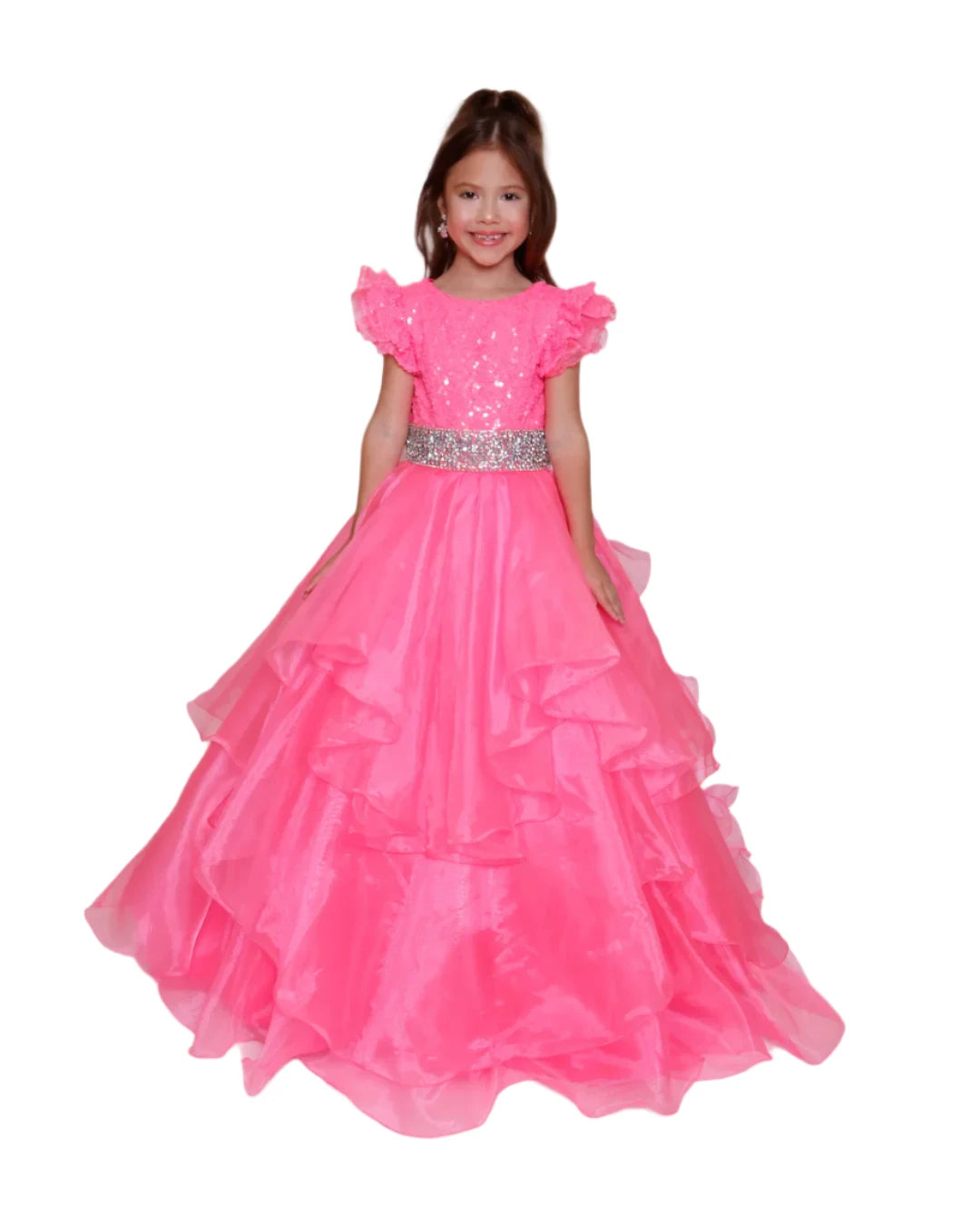 Ava Presley 39892 Girls Layer Sequin Cap Sleeve Pageant Dress Keyhole Ball Gown Train Sequin Detail Dress