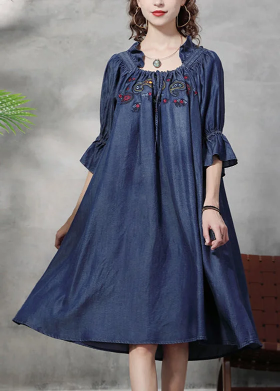 Simple Denim Blue wrinkled Ruffled Embroideried Cotton silk Dress lantern sleeve Elegant Denim Skirt