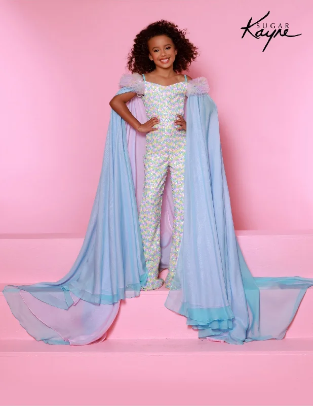 Sugar Kayne C341 Size 8 Aqua Girls Pageant Sequin Jumpsuit Ruffle Sleeve Matching Cape Fun Fashion Shimmer All-Over Sequin Dress