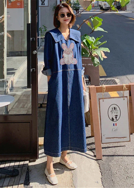 Loose Denim Blue-rabbit Peter Pan Collar Patchwork Pockets Dress Long Sleeve Buttoned Denim Skirt