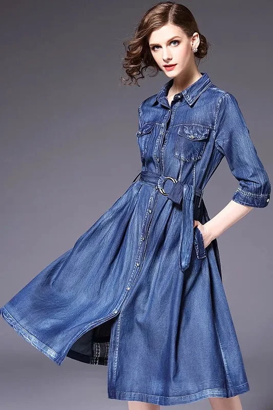 Denim Dress W/ Back Contrast Raw Hem Denim