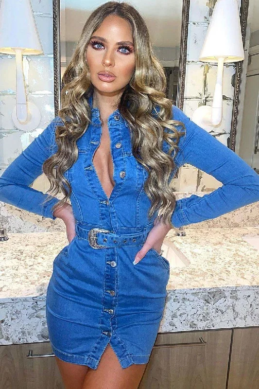 Western Long Sleeve Stretch Mini Dress In Blue Denim Blue Denim Skirt