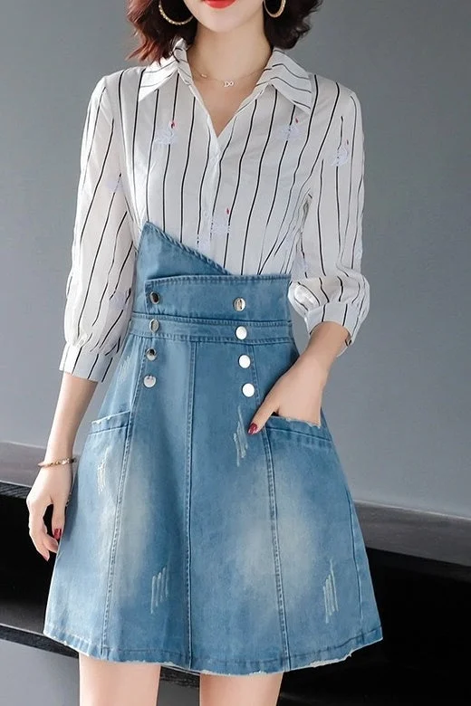 Embroidered Striped Denim Illusion Dress Embellished Denim Skirt