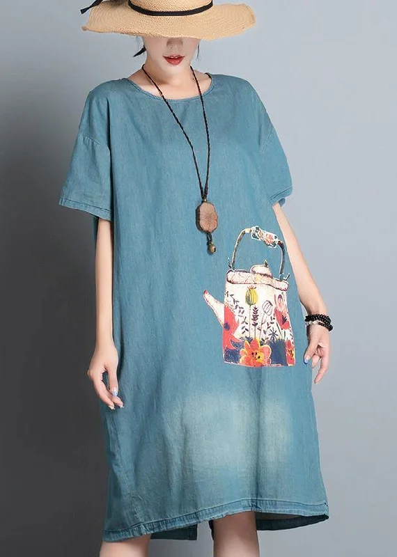 100% denim blue print dresses o neck pockets A Line summer Dress Wide Leg Denim Skirt