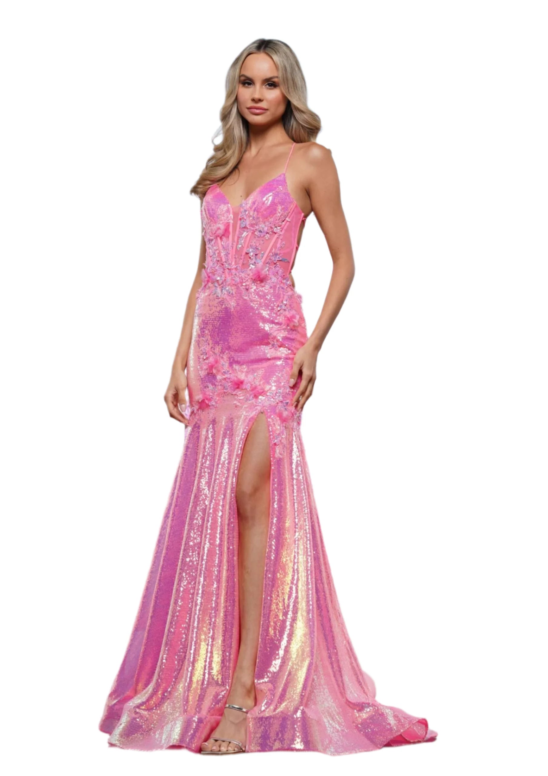 Colors Dress 3540 Size 12 Hot Pink Sheer Sequin Mermaid Corset Prom Dress Slit Pageant Gown Backless Sequin Detail Dress