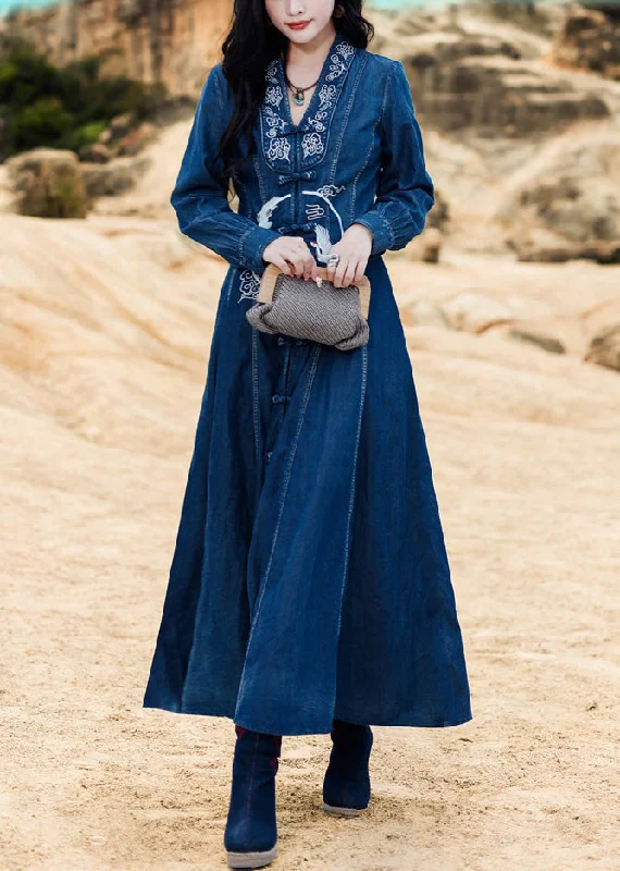 Elegant Blue V Neck Embroideried button Cotton Denim Long Dresses Long Sleeve Denim Skirt Trend