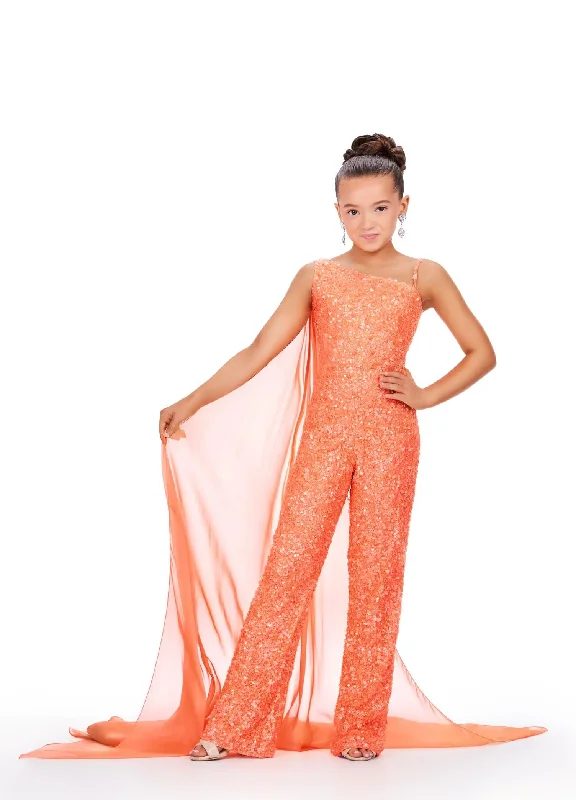 Ashley Lauren Kids 8191 Size 6 Coral Girls Beaded Jumpsuit cape Sequin One Shoulder Pageant Wear Sequin Maxi Dress