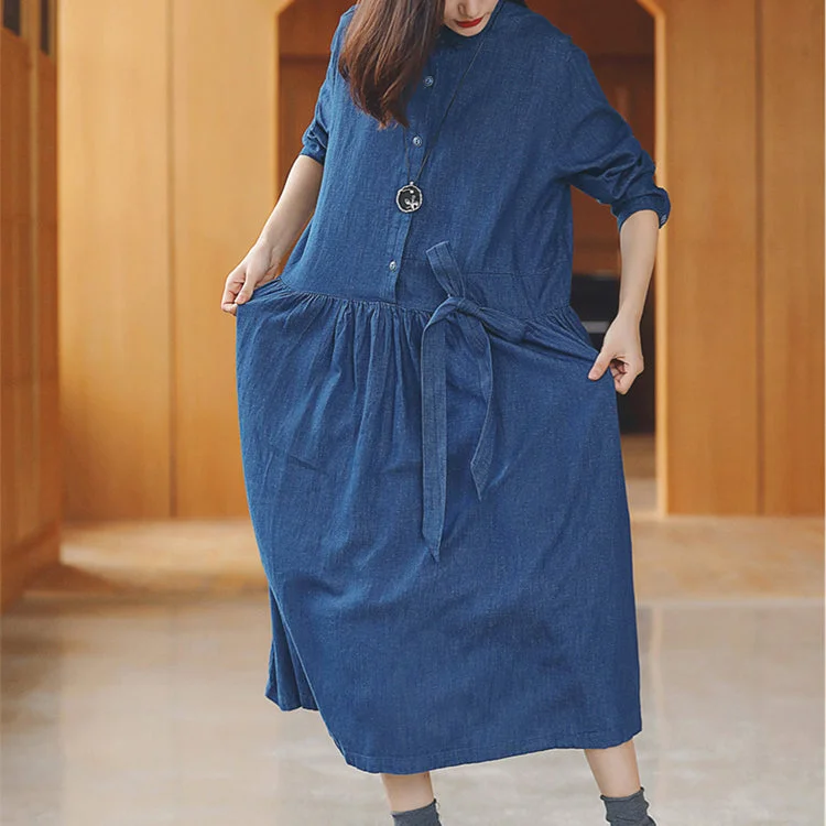 baggy denim blue long cotton linen dresses casual Turn-down Collar tie waist traveling dress fine long sleeve baggy dresses Simple Denim Skirt