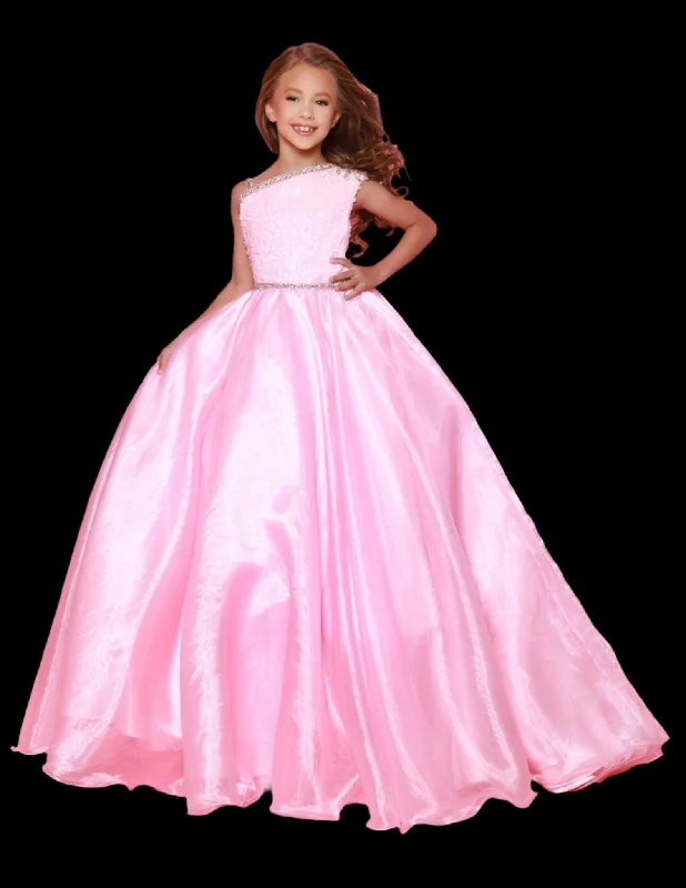 Sugar Kayne C348 Size 4,6 Baby Pink Long Girls Preteen Pageant Dress A Line One Shoulder Ballgown Sequin Top Train Sequin Wrap Dress