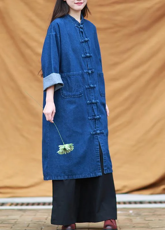 DIY denim blue tunic stand collar pockets Maxi Dress Casual Button Denim