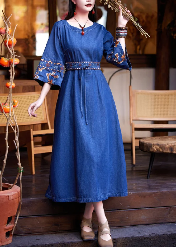 Fashion Denim Navy Patchwork Tie Waist Maxi Dress Flare Sleeve Fitted Denim Skirt