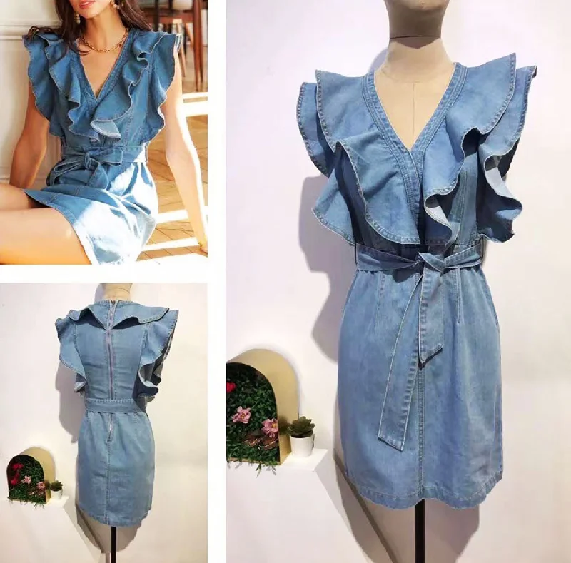 DENIM FRILL DRESS BLUE Button Detail Denim