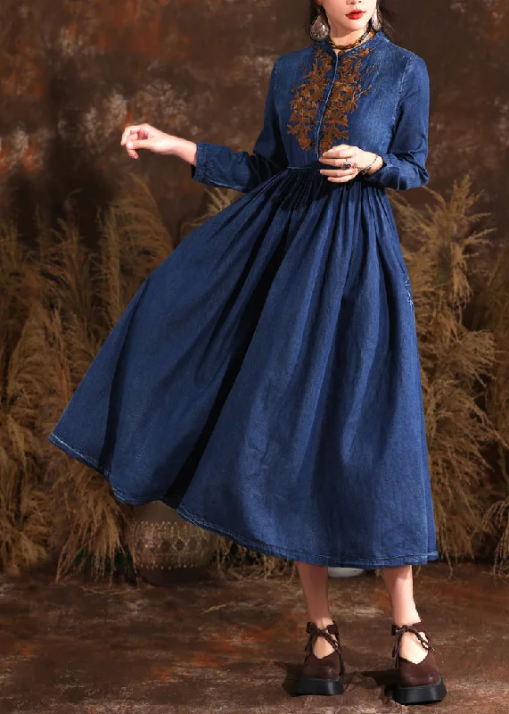 Retro Navy Stand Collar Wrinkled Patchwork Denim Long Dress Long Sleeve Stylish Ripped Denim