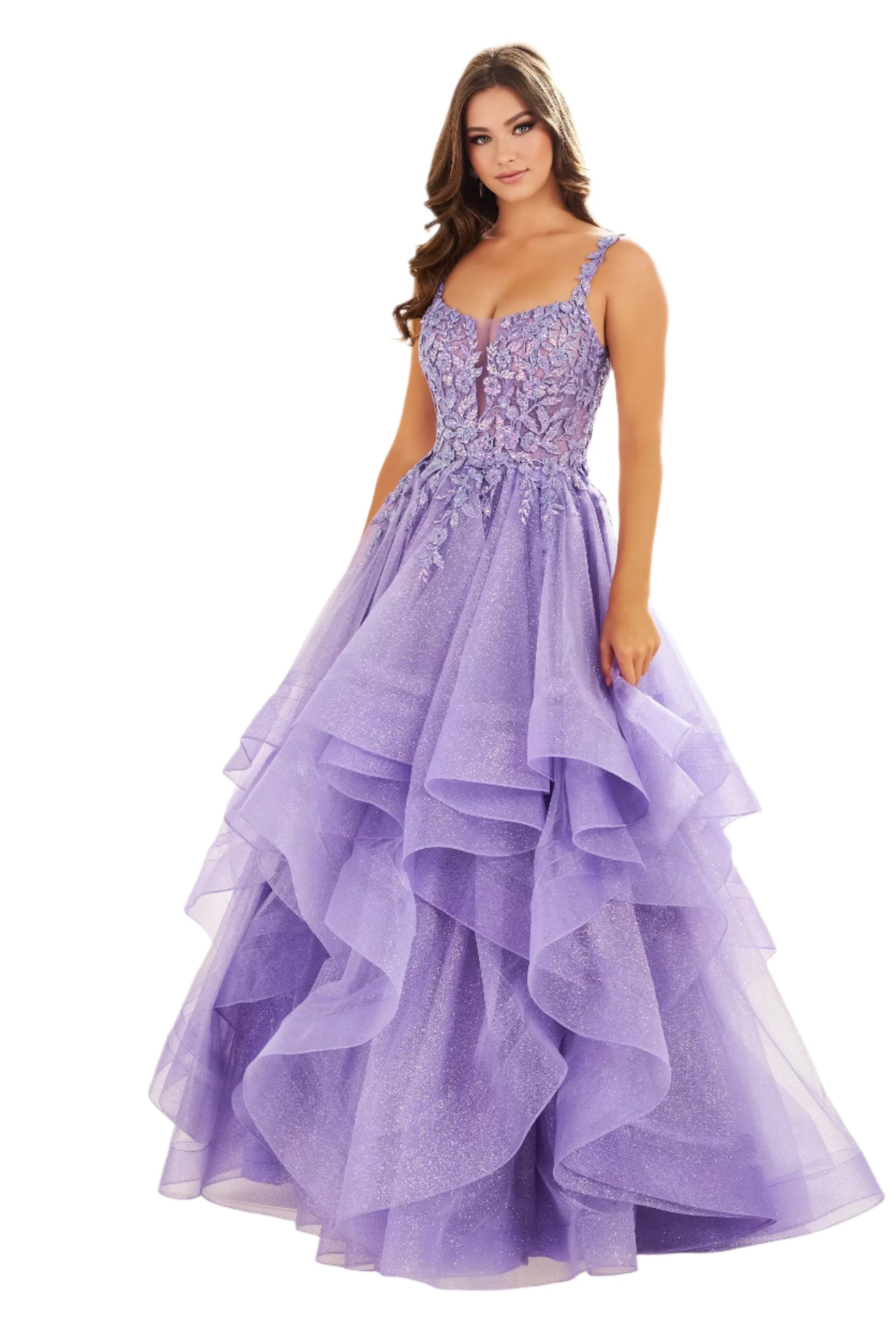 Ellie Wilde EW36035 Size 00 Lavender Sheer Lace Shimmer Ruffle Prom Dress Ballgown Corset Sequin Layer Gown Sexy Sequined Dress