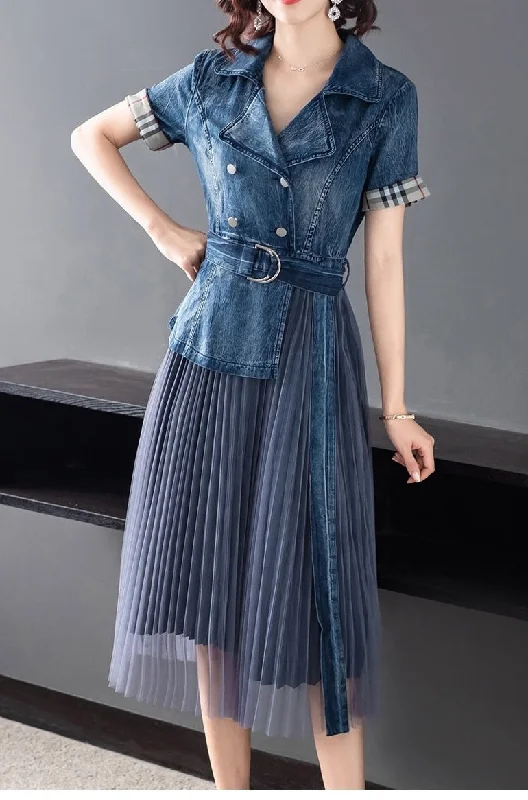 Denim and Mesh Pleated Dress Denim Skirt Look