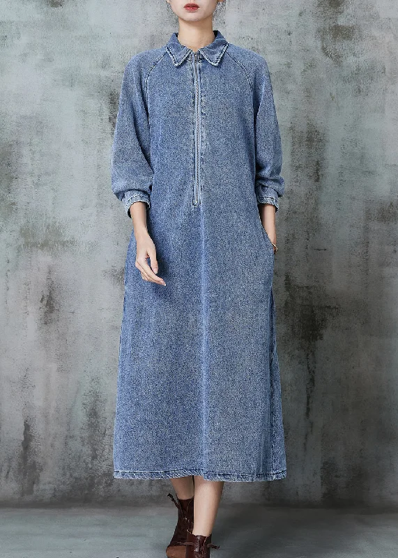 Beautiful Blue Zip Up Denim Maxi Dresses Spring Classic Blue Denim