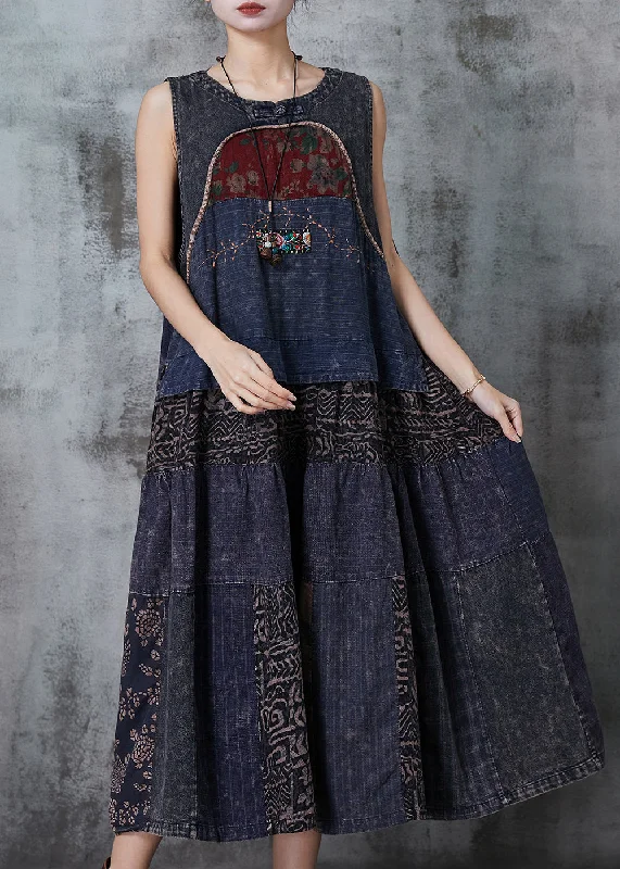 Vintage Navy Patchwork Denim National Style Dresses Spring Fashionable Denim Skirt