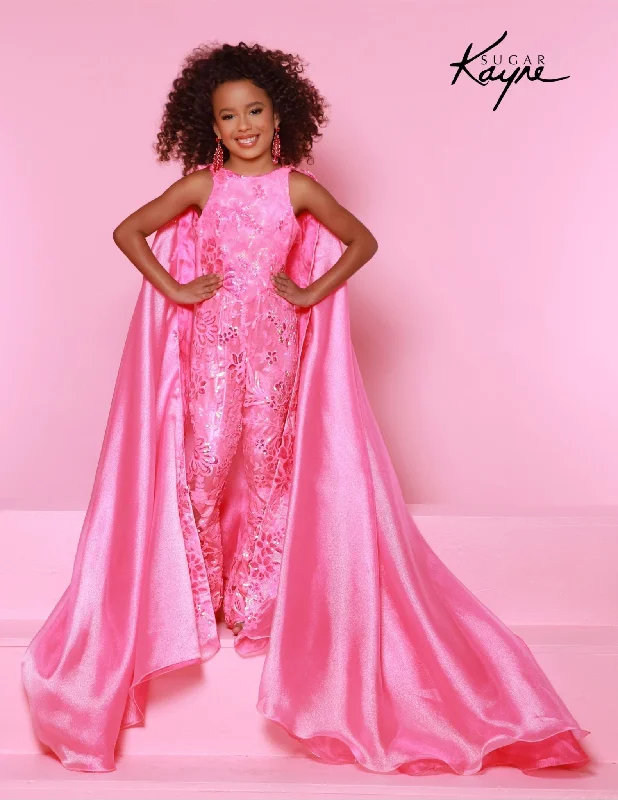 Sugar Kayne C337  Girls Pageant Jumpsuit Sequin Mesh and Shimmer Organza  Cape Fun Fashion Sequin Dress Chic