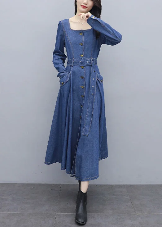 Italian Blue Solid Square Collar Button Pockets Sashes Cotton Denim Long Dresses Long Sleeve Pleated Denim Skirt