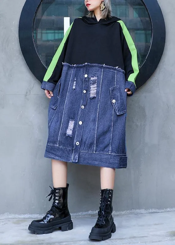 Style black patchwork denim blue outfit hooded Hole shift Dresses Tattered Denim Skirt