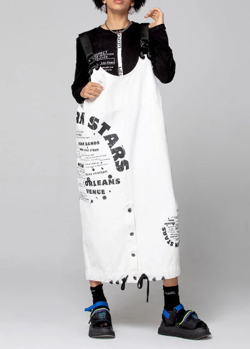 Women White Graphic denim drawstring Dresses Spring Skirt with Denim