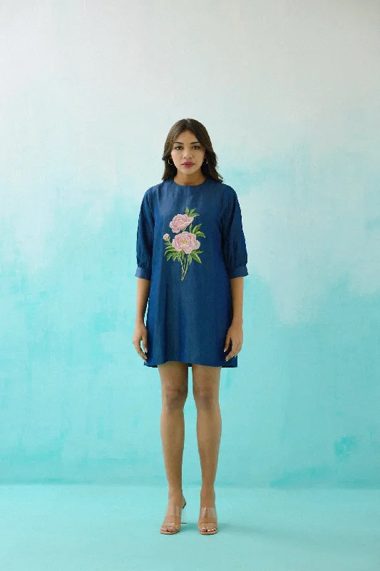 Denim Peony Embroidered Shift Dress Fashionable Denim Skirt