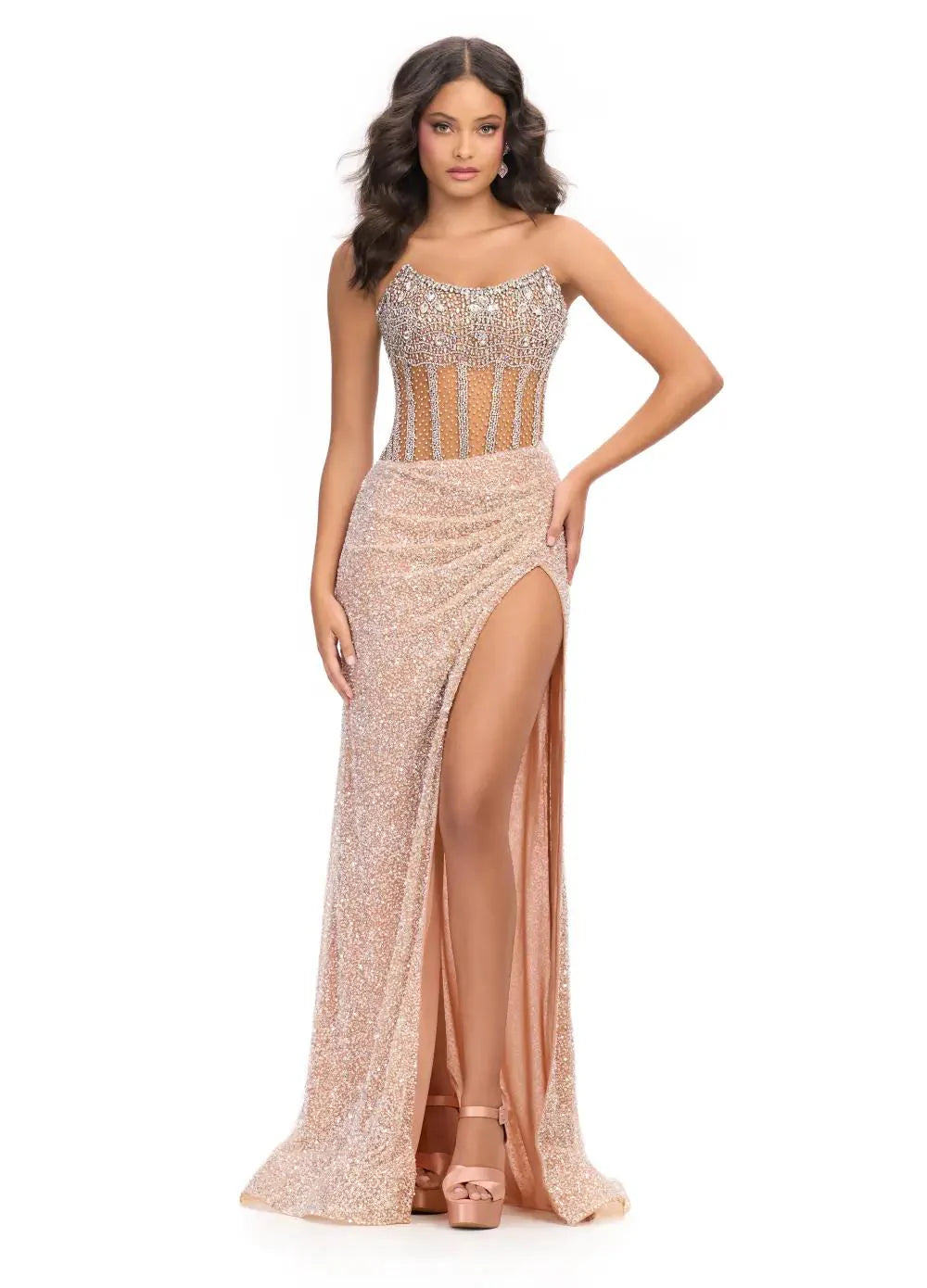 Ashley Lauren 11830 Size 4 Nude Sequin Sheer Crystal Corset Prom Dress Pageant Gown Slit strapless Glam Sequin Dress