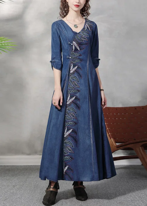 Stylish Blue V Neck Leaf Embroideried Cotton Denim Maxi Dress Half Sleeve White Denim Skirt