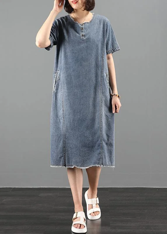 Handmade o neck pockets Wardrobes Fabrics denim blue Dresses Comfortable Denim Skirt